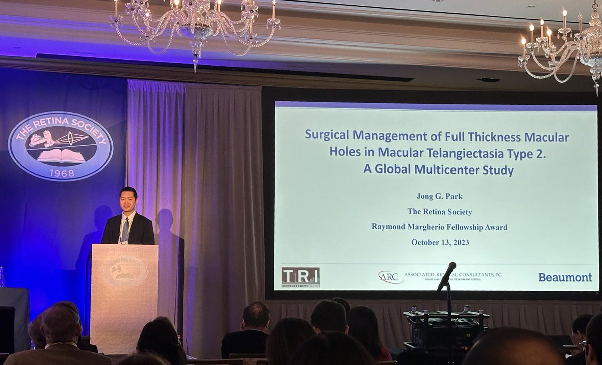 Congratulations to Jong Park for being awarded the Raymond Margherio Fellowship Award #RetinaSociety2023 for his work with @tamoura68 on surgical outcomes of macular hole repair in MacTel2. 90% closure rate when ILM flap used