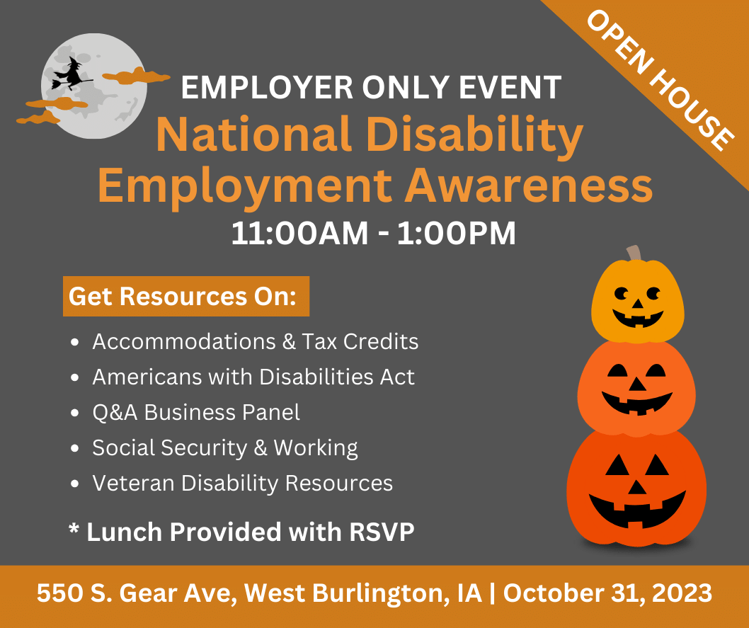 IowaVRS's tweet photo. π£ Calling all Employers & Business Leaders in the #Burlington area! An upcoming employer-only event highlighting important resources for National Disability Awareness Month will be held on 10/31/23. #NDEAM #IowaWORKS #Halloween
RSVP here: https://t.co/aDkIn1sABg https://t.co/EFTuz4bSYE