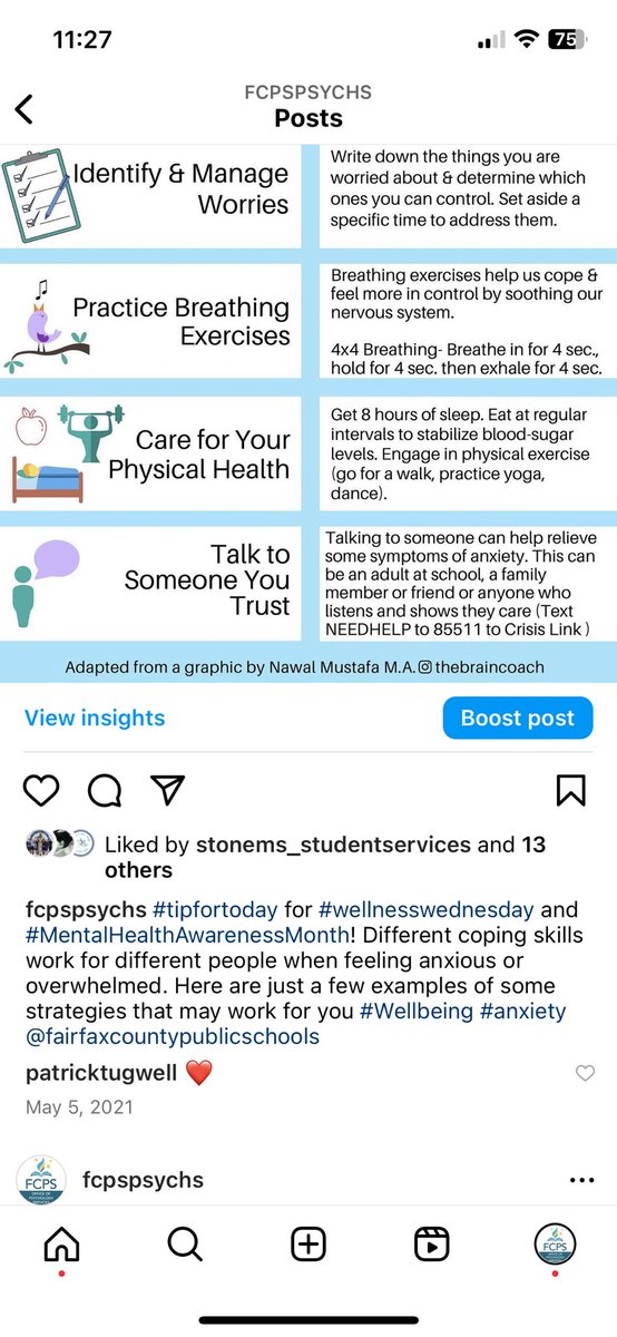 FCPSPsychs's tweet photo. #tipfortoday! Different coping skills work for different people when feeling anxious or overwhelmed. Here are just a few examples of some strategies that may work for you- give them a try and let us know what works! #Wellbeing #anxiety https://t.co/2MXMmyRMpS