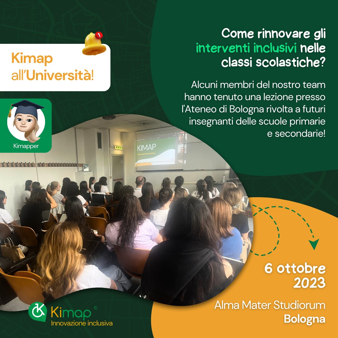Il 6 ottobre abbiamo fatto un'ulteriore esperienza di crescita: abbiamo tenuto una lezione presso <a href="/unibo/">Università di Bologna</a> rivolta a futuri insegnanti.
Come rinnovare gli interventi inclusivi nelle scuole? Questo il tema dell'incontro, durante il quale siamo stati invitati a presentare Kimap!