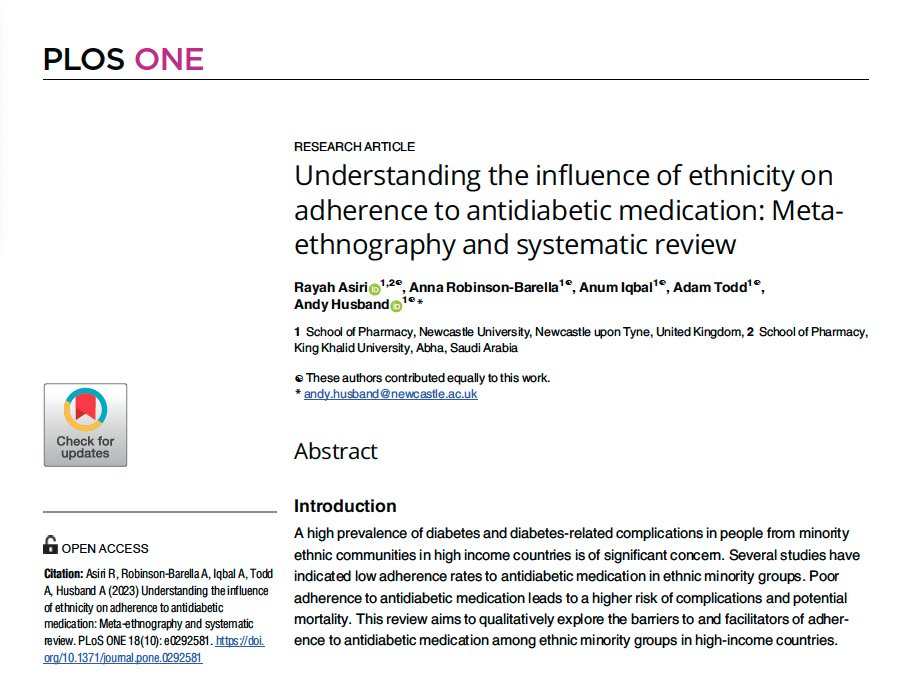 Anna Robinson-Barella (@annarobpharm) on Twitter photo ❓ Did you know: Adherence to antidiabetic medication can be influenced by a person's ethnicity. 💊
Read more in our paper here: journals.plos.org/plosone/articl…
Great work from PhD student <a href="/AsiriR10/">Rayah Asiri</a>, and team: <a href="/Anumiqbal_/">Anum Iqbal</a> <a href="/adamtodd138/">Adam Todd</a> @andy_husband1 👏🏼
<a href="/NCL_Pharmacy/">Newcastle Pharmacy</a> #AcademicPharmacy ❓ Did you know: Adherence to antidiabetic medication can be influenced by a person's ethnicity. 💊
Read more in our paper here: journals.plos.org/plosone/articl…
Great work from PhD student <a href="/AsiriR10/">Rayah Asiri</a>, and team: <a href="/Anumiqbal_/">Anum Iqbal</a> <a href="/adamtodd138/">Adam Todd</a> @andy_husband1 👏🏼
<a href="/NCL_Pharmacy/">Newcastle Pharmacy</a> #AcademicPharmacy