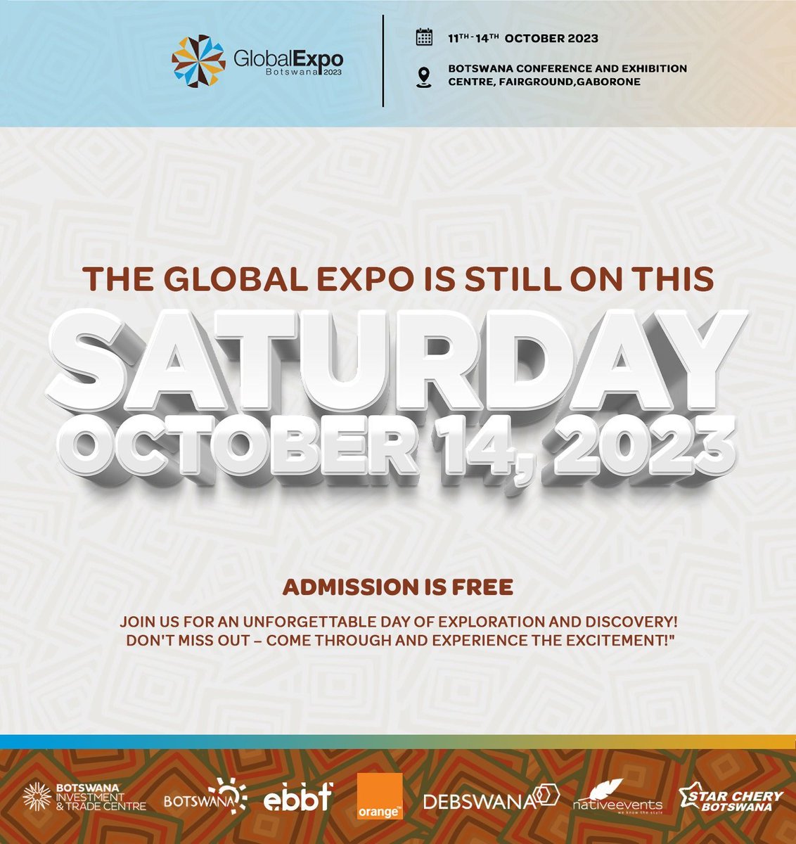 Tomorrow marks the final day of the Global Expo. Be sure to drop by and catch the closing moments of this remarkable event. Feel free to invite friends and family to share in the experience. 

#GEB2023 #BITC #BrandBotswana #PushaBW