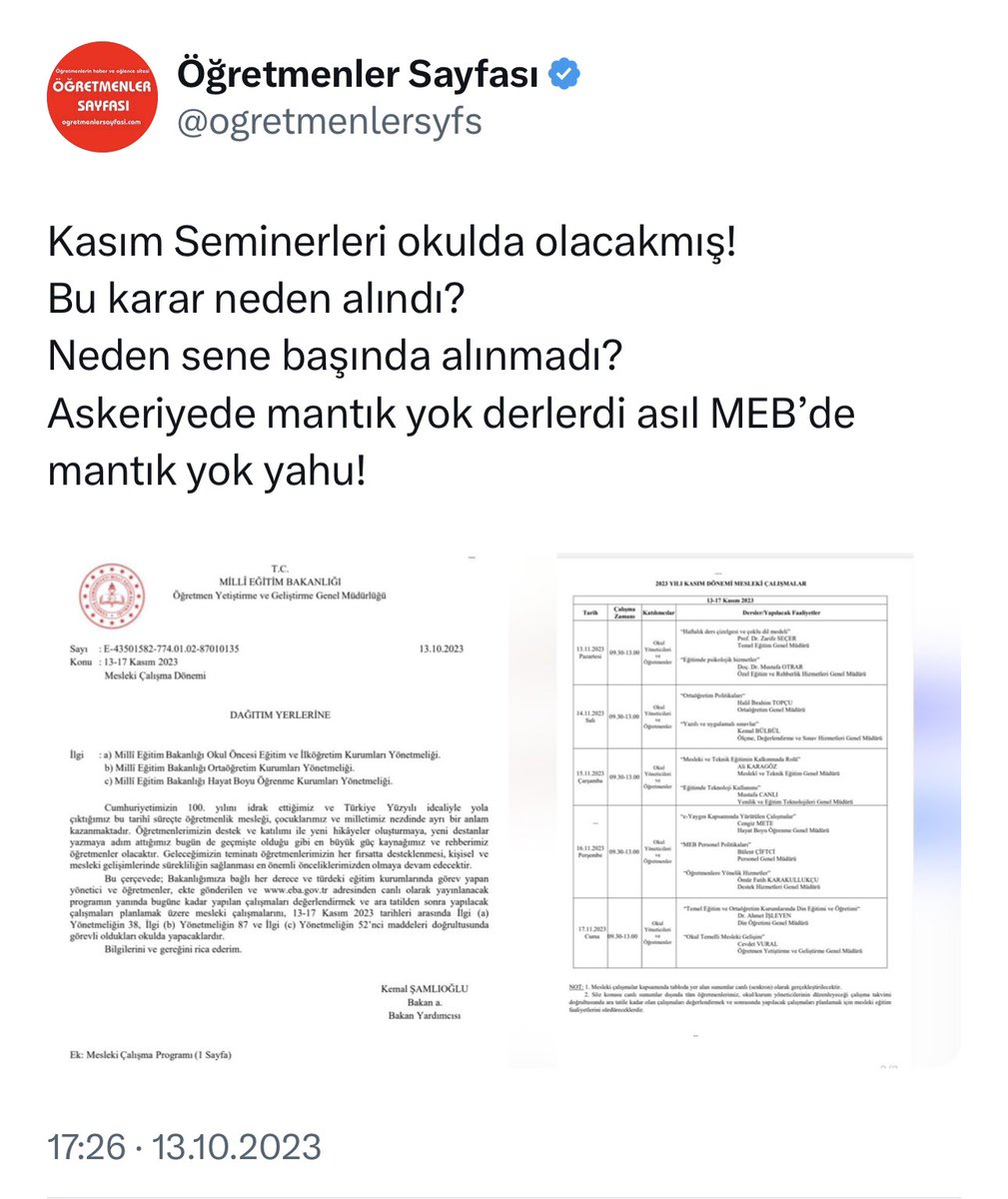 <a href="/Yusuf__Tekin/">Yusuf Tekin</a> Kasım Seminerleri Online olmalıdır! 
#yüzyüzeseminerehayır