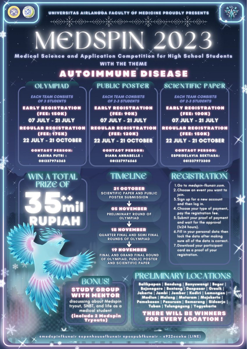 axelemper's tweet photo. ✨MEDSPIN FK UNAIR 2023✨

Terdiri dari 3 bidang perlombaan: Olimpiade, Poster Publik, dan Karya Tulis Ilmiah! 

📚SYARAT UMUM
1. Siswa SMA/MA/SMK aktif
2. Peserta boleh ikut lebih dari 1 lomba
3. 1 tim olimpiade berjumlah 3 orang, Poster Publik dan Karya Tulis 2-3 orang. https://t.co/besIEy34df
