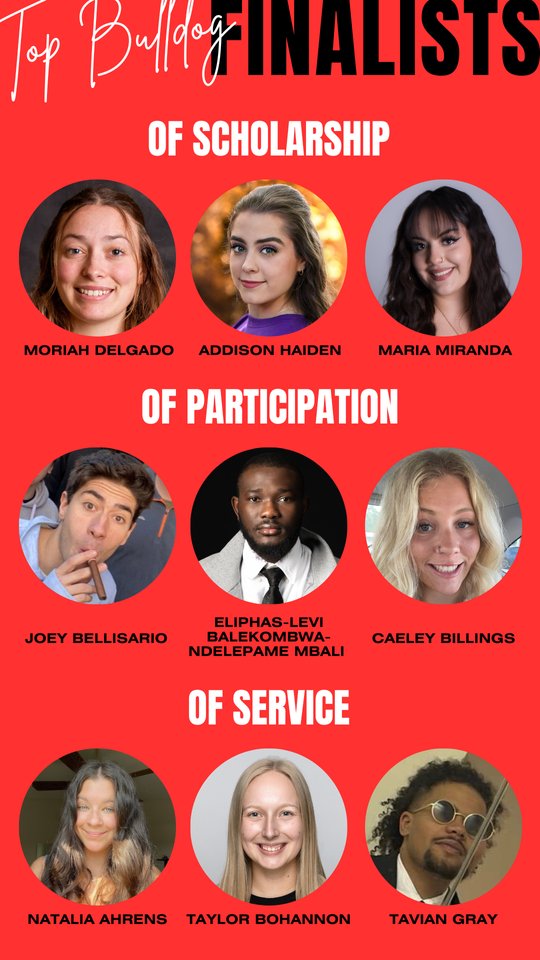 _MCStudentLife's tweet photo. Congratulations to our Top Bulldog Finalists! Stay tuned to find out who our 2023 Top Bulldogs are at the Homecoming Game halftime on Saturday, October 21! https://t.co/mwKiwzsjk0