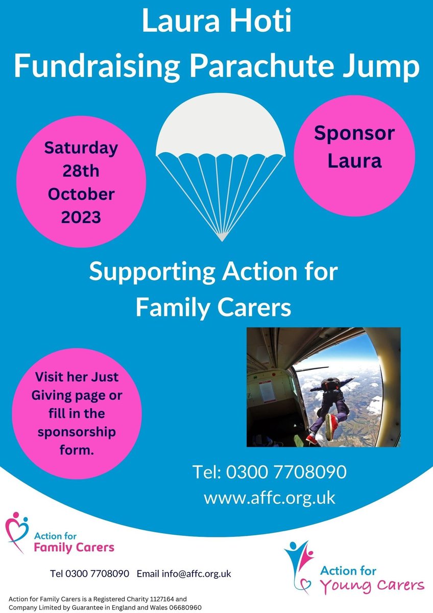 Laura, one of our Young Carer Club Night Lead will be bravely doing a Parachute Jump.
Please support her and our charity if you can.
justgiving.com/page/laura-hot…...
affc.org.uk