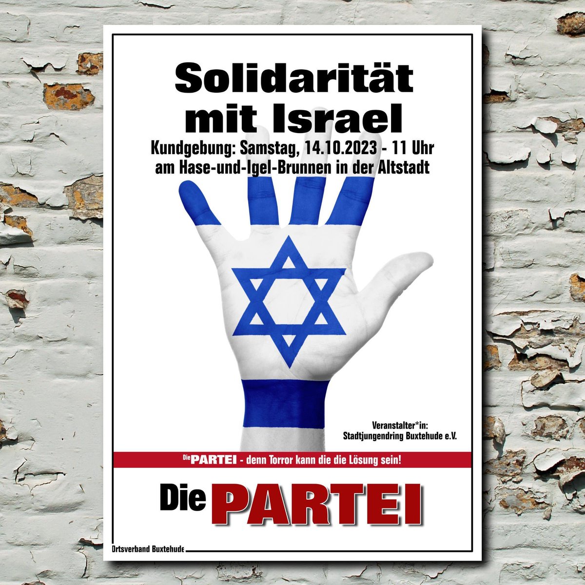 #Kundgebung gegen den Terror der #Hamas in #Israel vom #Oct07 

am 14.10.2023
um 11 Uhr

Hase und Igel Brunnen in Buxtehude
Solidarität mit Israel!
Terror erzeugt stets nur noch mehr Leid.