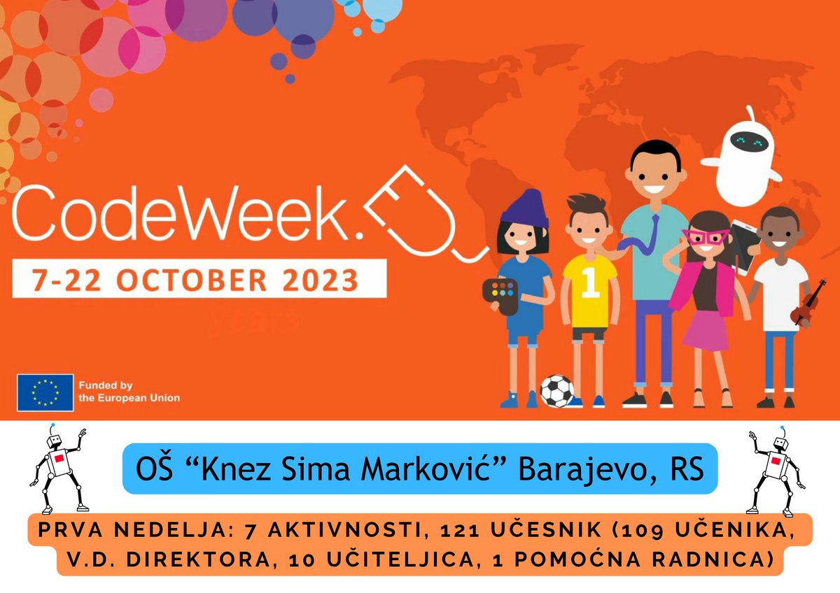 OŠ "Knez Sima Marković" Barajevo, Serbia: 7 activities this week on #EUCodeWeek Upoznajemo AL-ja, Kroz Pixel Art do prvog koda, #CodeWeekDanceChallenge, 121 participants 🤖 Organized by <a href="/BiljaPopovic/">Biljana Popović</a> 🤖 <a href="/CodeWeekEU/">EU Code Week</a> <a href="/MINprosvete/">Министарство просвете</a>
