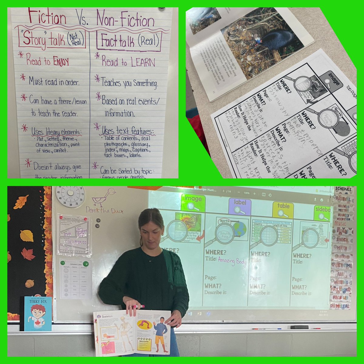 Time to examine the difference between fiction and non-fiction. Gr 3s @HorizonElement2 created an anchor chart and went on a non-fiction text feature scavenger hunt. Lots of engagement! @HrceLiteracy