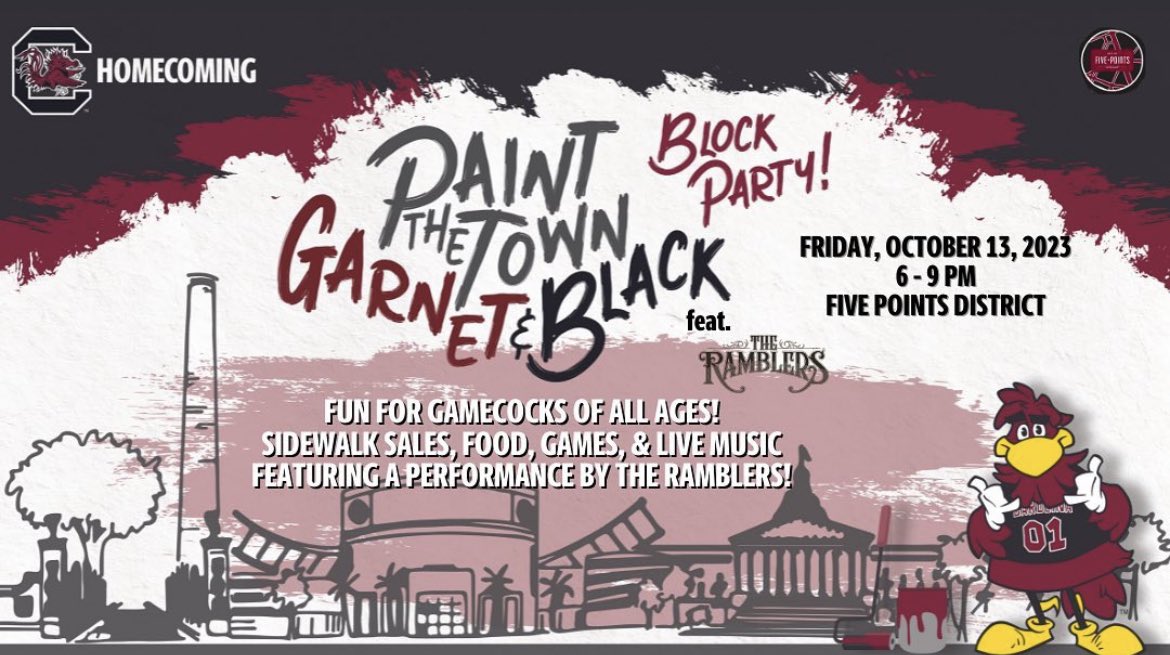 Paint the Town Garnet &amp; Black Block Party TONIGHT in the Five Points District! See you all from 6-9 pm for fun, food, sidewalk sales, games &amp; music! 

🐓🤙🥳