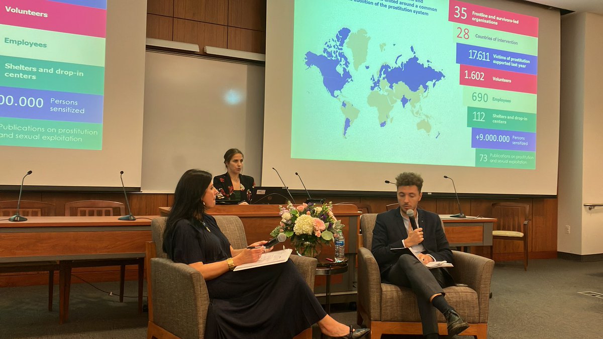 EkGaetan's tweet photo. Excellent discussion between Shea Rhodes, @ShMrnRhds, Dir of @CSEInstitute and Jonathan Machler, ED of Coalition for the Abolition of Prostitution, CAP Int’l at @VillanovaU Law School. #SexWorkisNeither https://t.co/0CoXWUgOe6