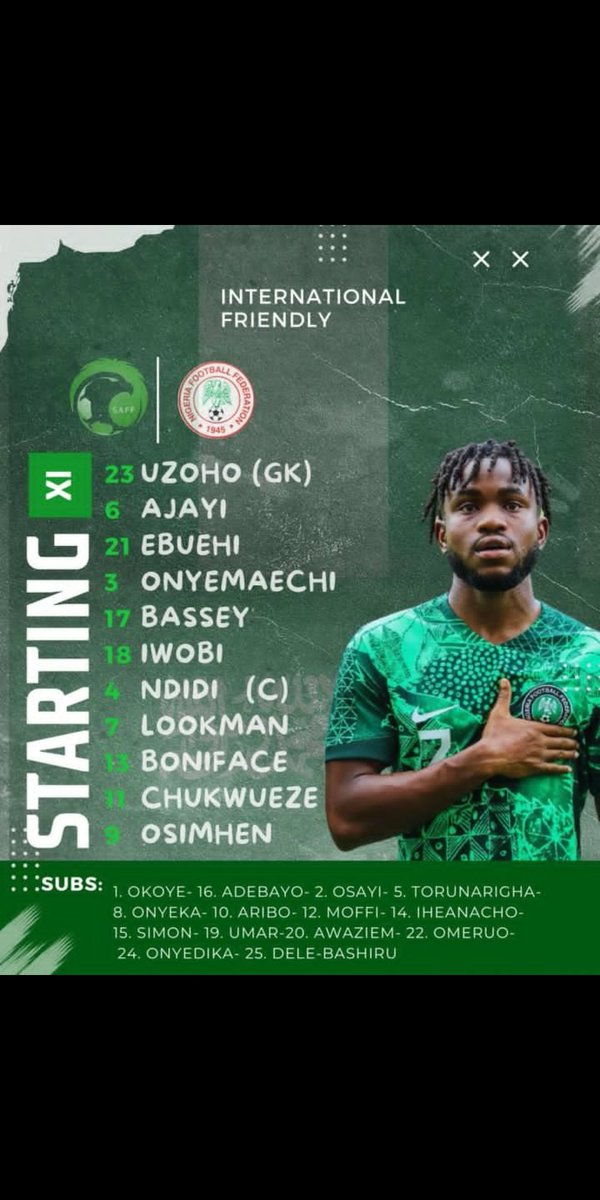 The Super Eagles Starting XI is in!
Victor Osimhen & Victor Boniface partner up top!

Kick off is @ 12pm ET 🇨🇦🇺🇸, 5pm 🇳🇬

#KSANGA #SuperEagles #EaglesTracker 🦅🇳🇬