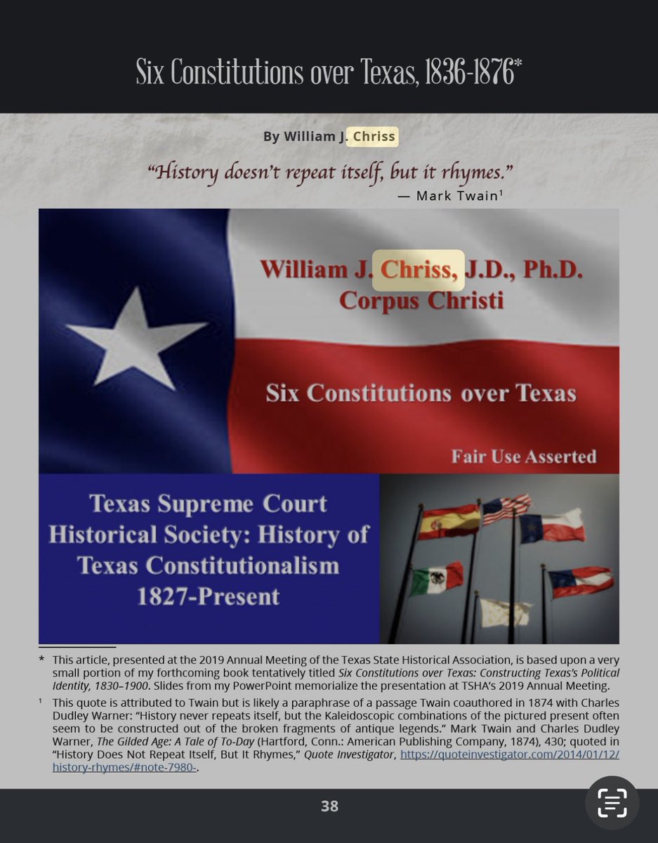 Kudos to State Bar/Texas Supreme Court Historical Society scholar, historian, and attorney William J. Chriss on his upcoming Texas A&M Press book SIX CONSTITUTIONS OVER TEXAS: TEXAS’S POLITICAL IDENTITY 1830-1900. Superb history + legal/SCOTX history. 📜📃📚⚖️⚔️🏛️ Pls repost.