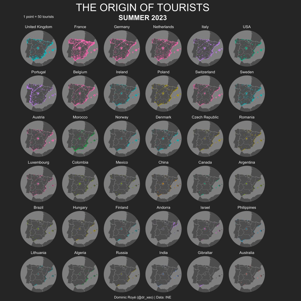 Spain is a top tourist destination. This map by @dr_xeo shows tourist density across mainland Spain in summer 2023 at the municipal level. The Brits loooove the coast while the French travel anywhere.