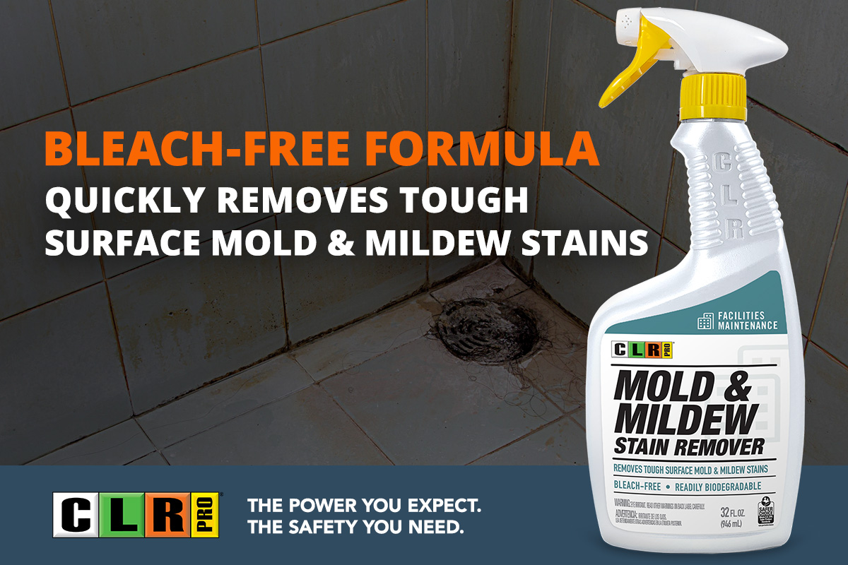 CLR PRO® Mold & Mildew Stain Remover quickly removes tough surface mold and mildew stains on a wide variety of surfaces. Contact your local sales representative to order. #facilitiesmaintenance #jelmar #clrpro #industrialcleaning #moldandmildew