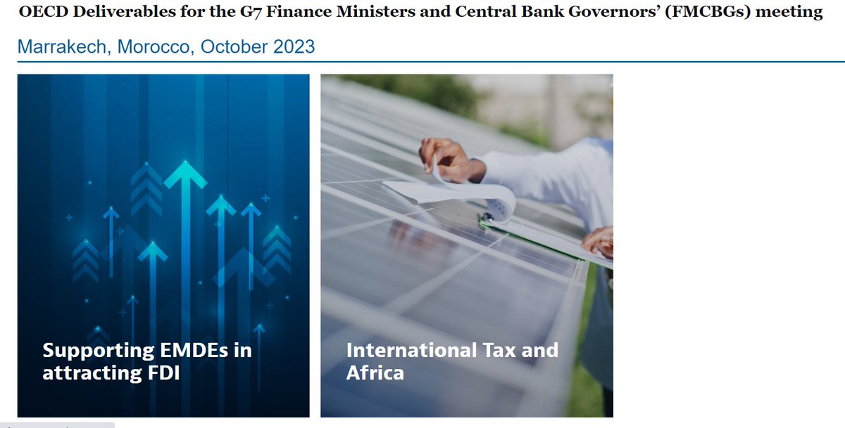 #G7 #Finance Ministers & Central Bank Governors convened in Marrakech during the #IMF/WB Annual Meetings. Don't miss the latest OECD reports deliverd on: 1⃣supporting FDI in emerging and developing countries 2⃣international tax and Africa Link: oecd.org/economy/g7/