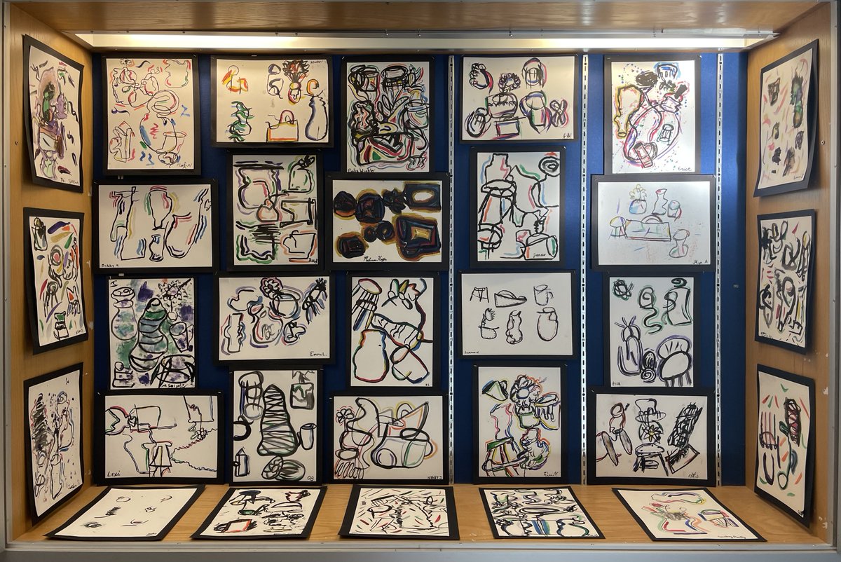 8th grade "Blind Contour Watercolors". Students focused on observing and drawing each object without looking at the paper. Using watercolor, they painted their images on a single sheet of paper to create an abstract representation. <a href="/LindsayGooditis/">Dr. Lindsay Gooditis</a> <a href="/NicholasADiaz/">Dr. Nicholas Diaz</a> <a href="/ArtEducatorsNJ/">AENJ</a>