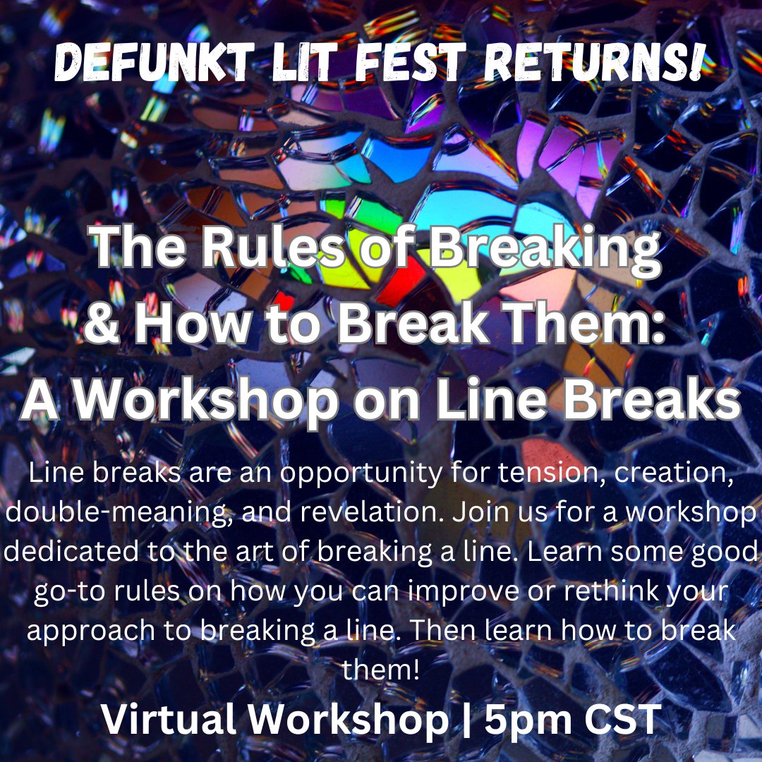 Another exciting workshop opportunity! Join me for a discussion and workshop dedicated to the art of the line break! This one is virtual and SUPER affordable. Register at this link: defunktmag.com/event-details/…

#poetry #workshop #crafttalk #poet #writerlife #virtual