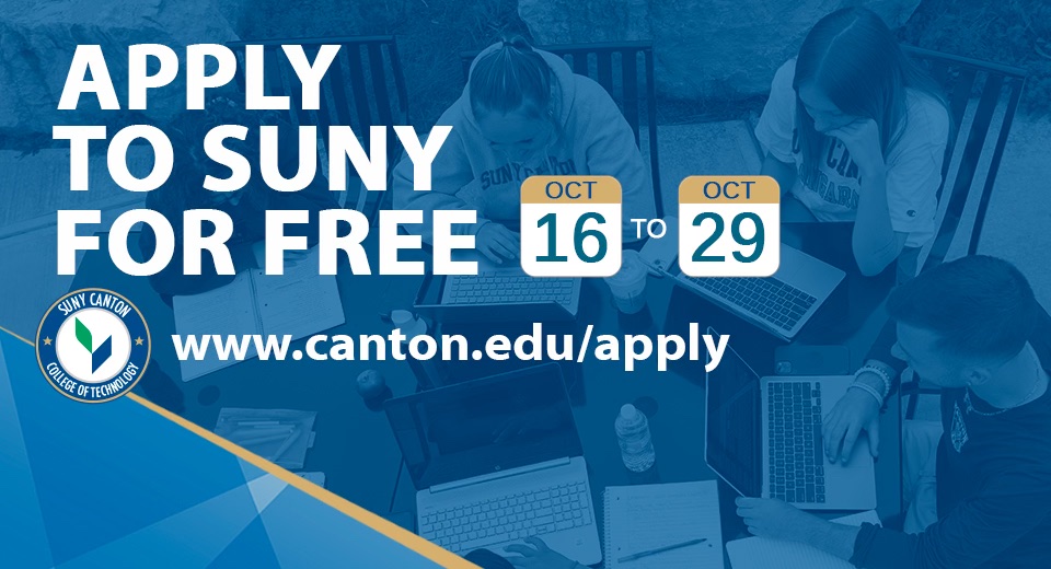 🚨.<a href="/SUNY/">SUNY - The State University of New York</a>'s Free Application Weeks start in just a few days! Apply to SUNY Canton (and 4 other SUNY colleges) at no cost from Oct. 16-29. No special code needed: canton.edu/apply/