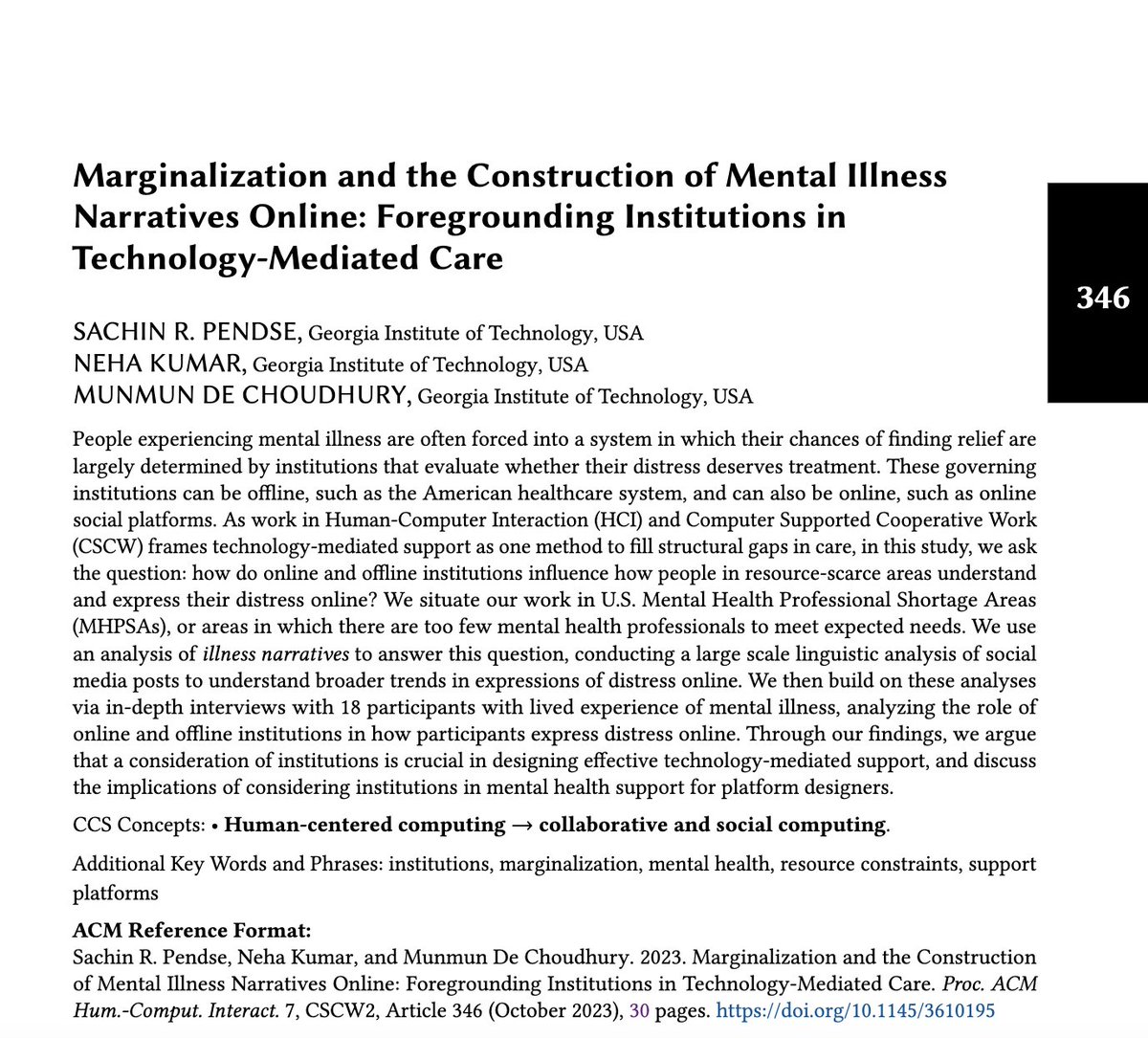 On online platforms, we see robust discussions + debates around mental health. 

How might these discussions influence experiences of illness, particularly for those in resource-scarce areas?

New mixed-methods #CSCW2023 work w/ @nehakumar @munmun10 🧵

illnessnarratives.sachinpendse.in