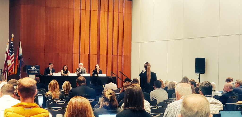 ProfAchinthiV's tweet photo. Saw @HaubEnviroLaw Adv. Envt'l Law Cert. student (@HaubLawatPace 2L) Lauren Lynam posing a❓about adaptive reuse for critical mineral products to the experts on the plenary panel on The Messy Side of Clean Energy: Considering the Full Life Cycle of Renewables @ABAEnvLaw #SEERFall https://t.co/l4H1H5VUCl
