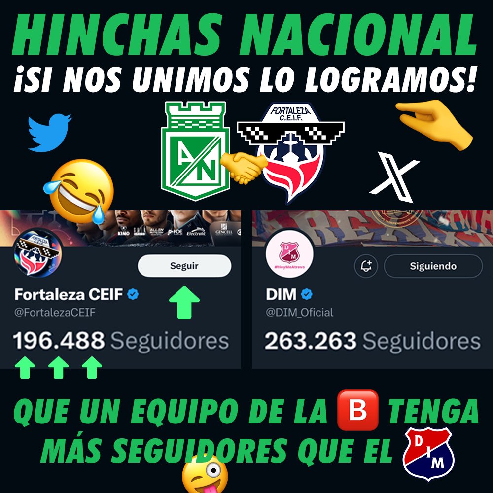 ¡Pongámosle saborcito al clásico! 🤣

Hinchas de @nacionaloficial !!!
Unámonos para que un equipo de la 🅱️ tenga más seguidores que @DIM_Oficial 😜 #clasicoPaisa