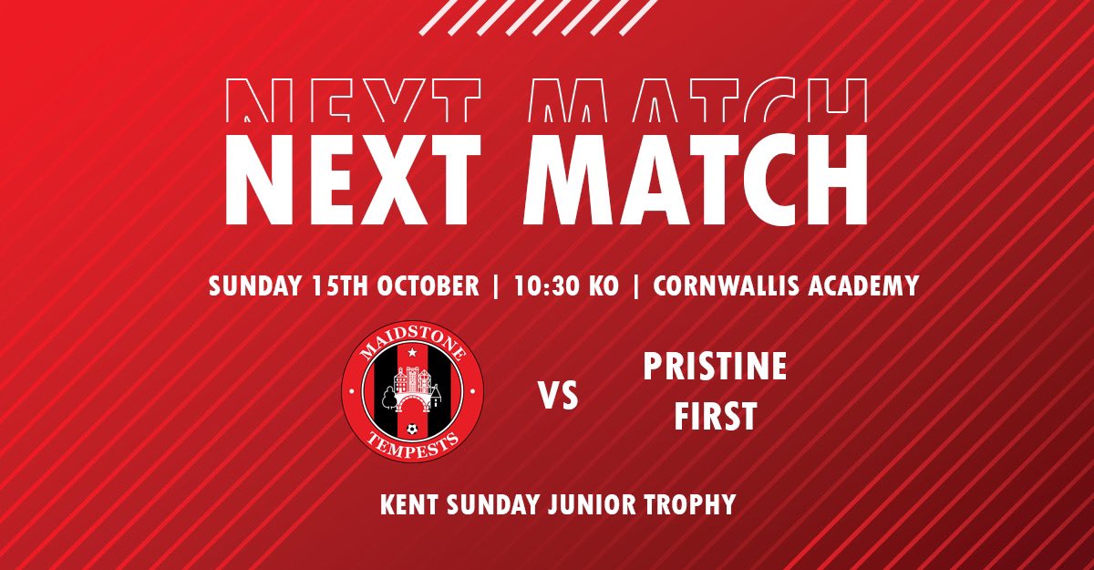 The cup action continues with the County Cup up next for Tempests

⚽️ <a href="/KentFA/">Kent FA ⚽</a> Sunday Junior Trophy
🆚 #PristineFirst
🕒 Sun 15th October / 10:30 KO
🏟 Cornwallis Academy / ME17 4HX

Referee - M. Boughton

#WeAreTempests #SundayLeague @SELKGrassroots <a href="/mmksfl/">Maidstone & Mid Kent Sunday Football League</a> #MaidstoneTempests