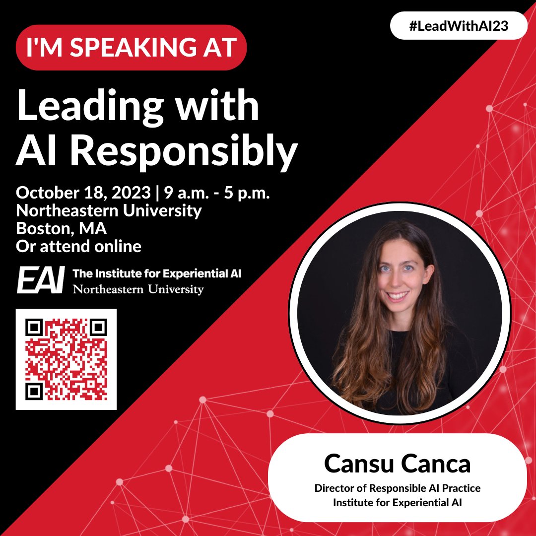 Join me at @Experiential_AI's annual #business conference, #LeadWithAI23, in Boston. This year's theme is #ResponsibleAI! 🗓️ Wednesday, October 18, 2023 ⏰ 9:00 AM - 5:00 PM EDT 📍 @Northeastern University, Boston 💻 Or attend online Tickets: bit.ly/44pT7ME