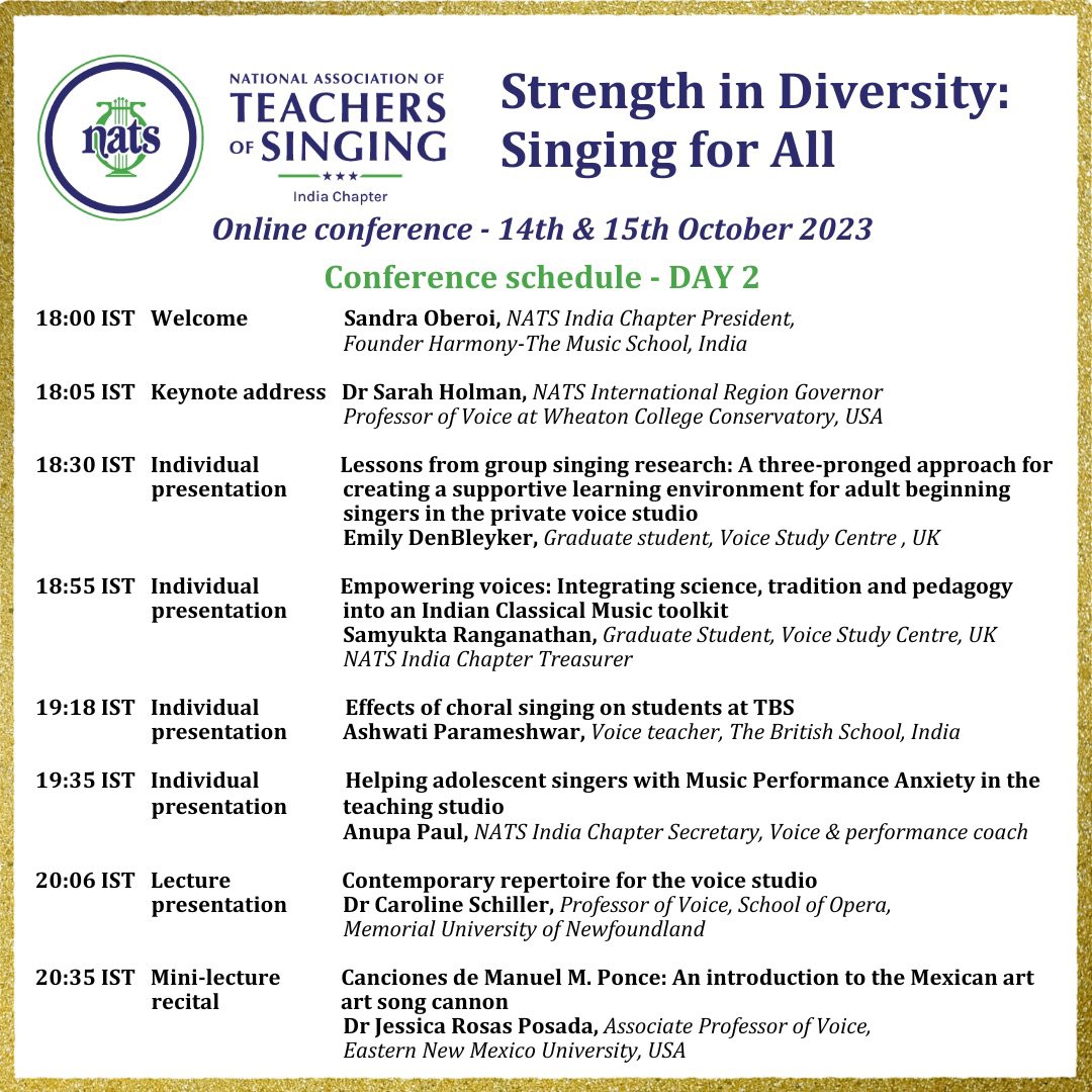 SandraOberoi's tweet photo. Cannot be prouder ๐คฉ
Some of my students are presenting at the first @OfficialNATS India Chapter Conference! Weโre raising a new generation of critical thinkers in India. So exciting!
More info at https://t.co/Xz42C1NUWN
#singingforall #gonats https://t.co/DDVrKg7Iq5