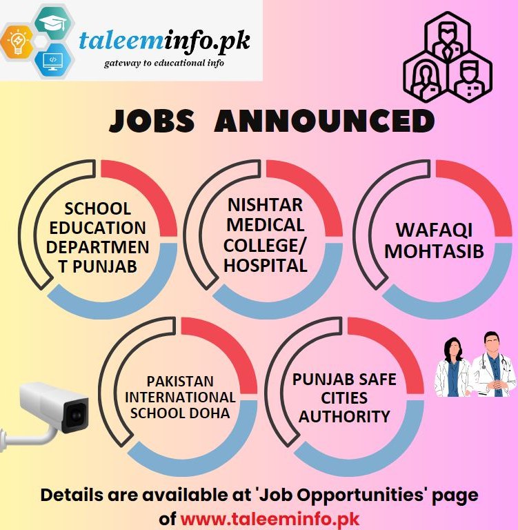 Jobs announced in different organizations. See details at taleeminfo.pk
#jobseekers #Pakistan #education #pakistanijobs #idreeskhawaja #jobs #jobalert #jobsboard #jobopening #jobvacancies #jobopportunity #governmentjobs #lahorejobs #punjabjobs #safecityjob #medicaljobs