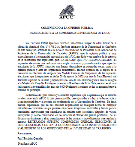 APUCoficial's tweet photo. #UniVe 13-10-2023. Comunicado del Presidente de APUC Euclides Querales a la Opinión Pública y a la Comunidad Universitaria de la UC #Atención https://t.co/IpCcqFOAUo