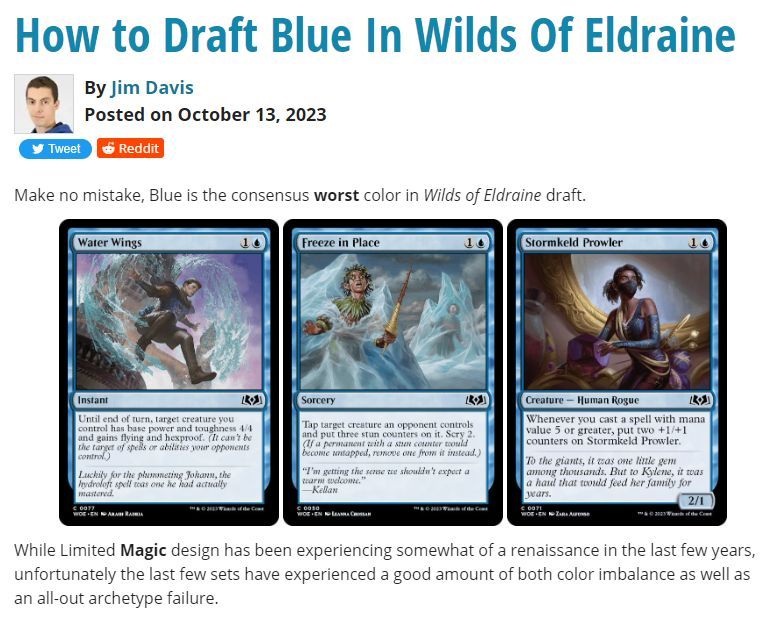 JimDavisMTG's tweet photo. ✍ Friday @CoolStuffInc Article ✍
Can you win in #Eldraine limited while drafting the worst color? 🔵 This week I'm going over how to draft a successful blue deck in Wilds of Eldraine! 👇
👉 https://t.co/AtlRpiSeAv 👈
@CoalesceAD @BCWSupplies @UntappedGG @elgato https://t.co/4nJgkSSLWK