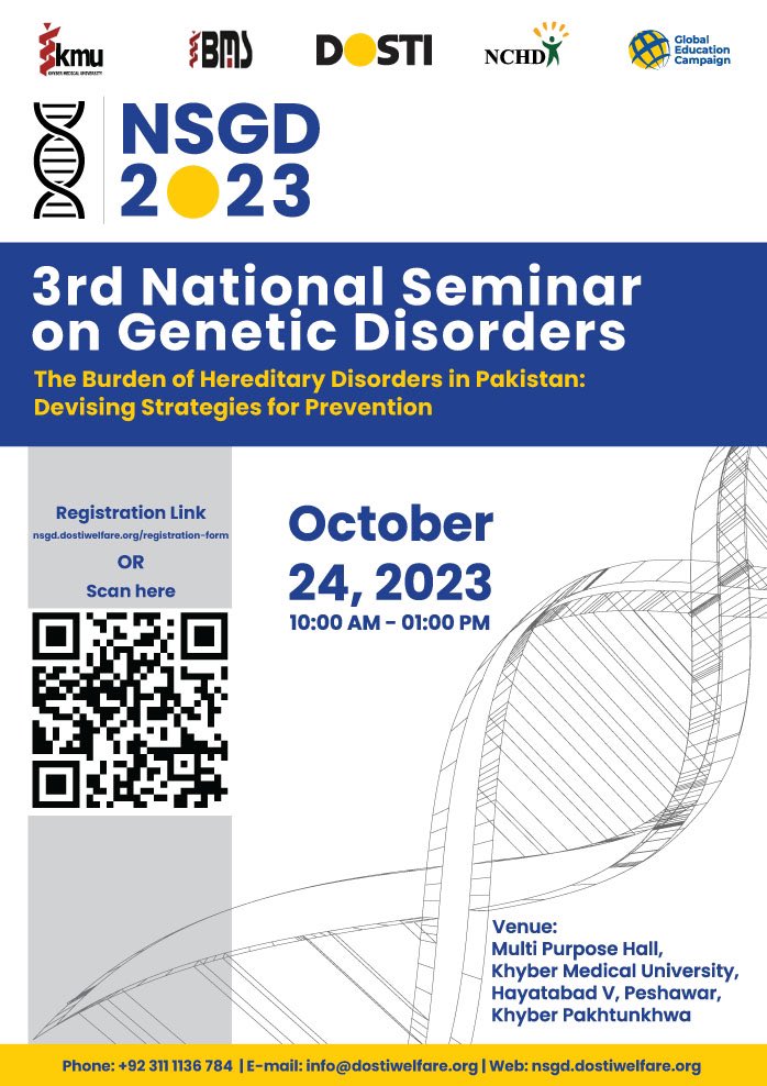 Mohsinulmulk12's tweet photo. Genetics loads the gun, but the environment pulls the trigger.
#3rdNationalSeminar
#GeneticDisorders
#KMU
#DOSTI
#NSGD2023
#24Oct
#joinusthrough
https://t.co/AjkXHaVoWk
@dostiwelfare.org https://t.co/WZaNqdeQew