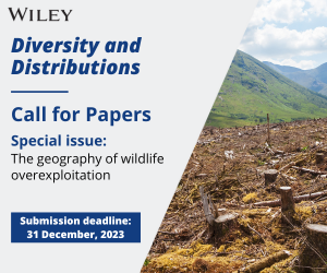 Call for Papers 📣 Diversity and Distributions is seeking submissions for an upcoming #SpecialIssue titled, 'The geography of wildlife overexploitation'. Deadline: December 31st, 2023 Learn more ➡️ ow.ly/1OMo50PW4qa