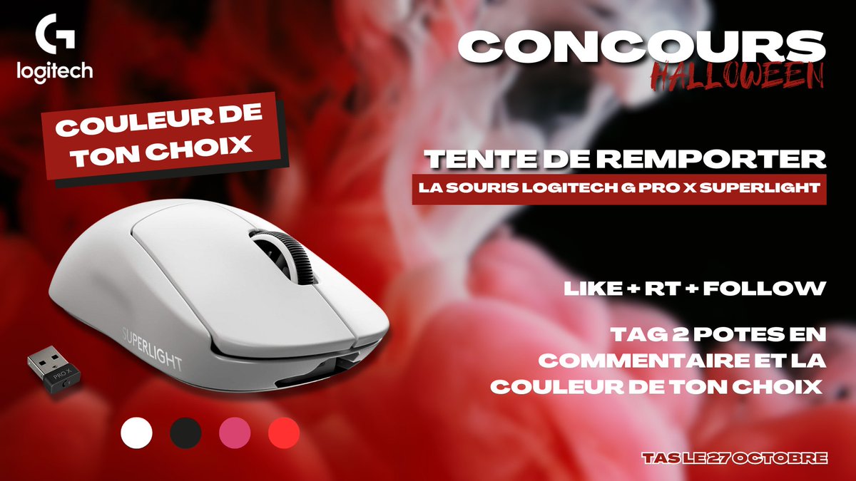 Imposetonstyle_'s tweet image. 🎃👻 | HALLOWEEN GIVEAWAY | 👻🎃

En ce vendredi 13, tente de remporter la G PRO X SUPERLIGHT de chez @LogitechGFrance !

Pour participer :
✅• Follow @imposetonstyle_ 
❤️• Like ce post
🔁• RT ce post
💬• Tag 2 potes en com&apos; et la couleur de ton choix

TAS du concours le…