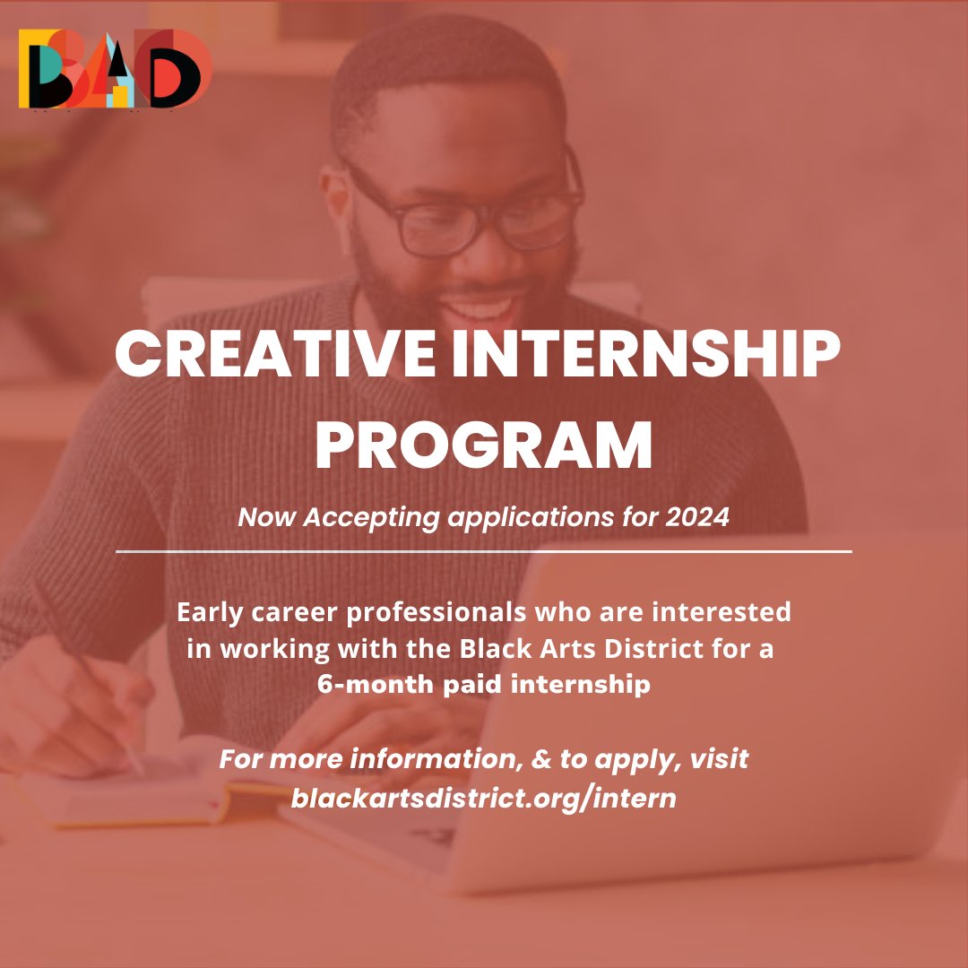 Apply for our Creative Internship program to work with professionals and boost your resume experience with outreach, marketing and administrative skills.

If interested please click the link in our bio or go to our website blackartsdistrict.org/intern to apply.