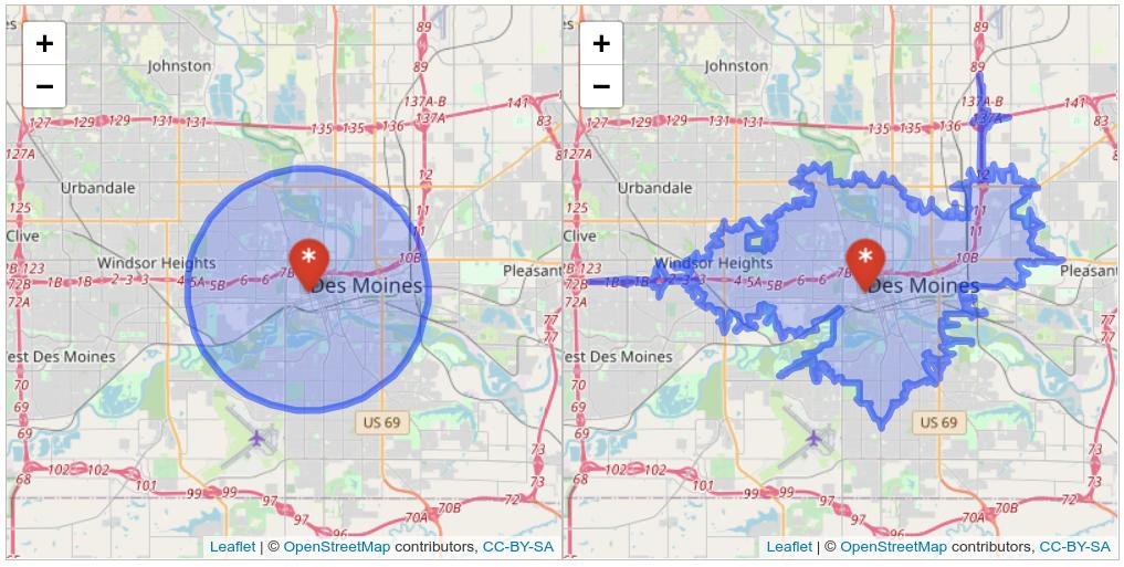 kyle_e_walker's tweet photo. Analyzing the "catchment areas" around facilities is a critical topic in spatial data science.  

How you define a catchment area can matter a lot.  Should you use distance, or should you use travel-times?

Read Ch7 of my book for a workflow in #rstats: https://t.co/FI8g4EGyFN https://t.co/VwXEFkFtHR