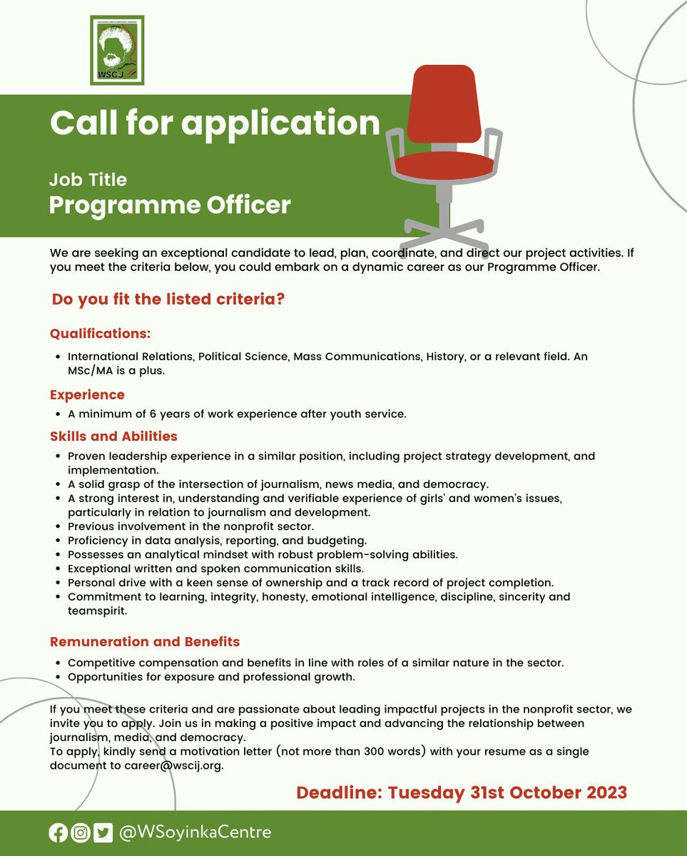 WE ARE STILL HIRING!

Apply to join <a href="/WSoyinkaCentre/">Wole Soyinka Centre</a>'s team today.

Kindly help share for others to see.

<a href="/MarBeeeM/">Maryam Abdullahi</a> <a href="/AsumataYaks/">Asumata Martha Agas</a> <a href="/OlufisoyeAdeni1/">Olufisoye Adenitan</a> <a href="/karinainemo/">karina </a> <a href="/zvbaida/">zubaida b. ibrahim 🪭</a> <a href="/HumAngle_/">HumAngle_</a> <a href="/LoveleenIJ/">Ijeoma Okereke-Adagba</a> <a href="/CJIDAfrica/">Centre for Journalism Innovation and Development</a> <a href="/SarahAyeku/">Sarah Ayeku</a> <a href="/tvcnewsng/">TVC News</a> <a href="/NTANewsNow/">NTANetwork</a> <a href="/Folathereporter/">Folashade Ogunrinde</a> <a href="/tv360nigeria/">TV360</a> <a href="/RealBanjo/">Banjo, Damilola</a>