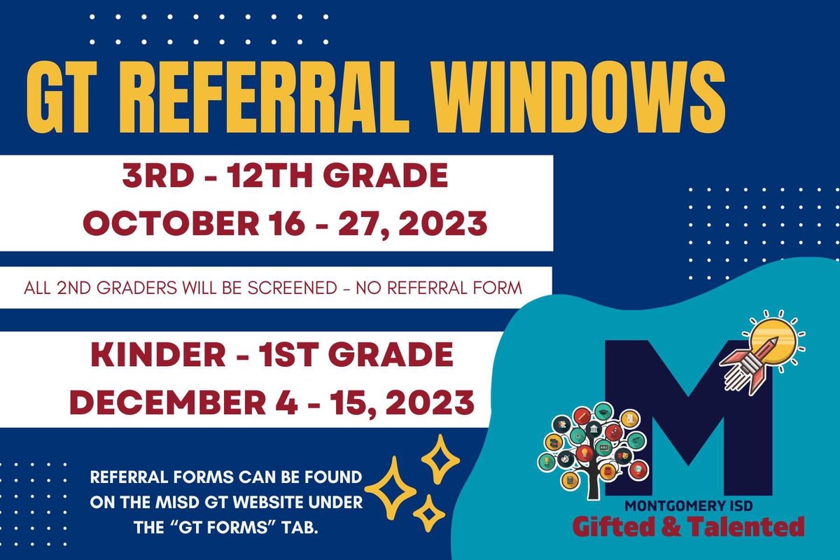 MISD GT Referral Window opens on October 16th and closes on October 27th. Parent referral forms can be found using the link below.  Please return the completed forms to Mrs. Sorrell.
misdgt.wixsite.com/misdgt/gt-forms