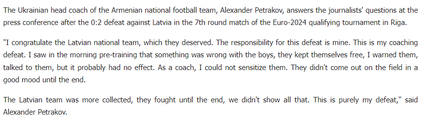 LV_futbols's tweet photo. Armēnijas izlases ukraiņu treneris nosauca Latvijas uzvaru par pelnītu un personīgi uzņēmās atbildību par zaudējumu, jo nespēja pareizi noskaņot spēlētājus. https://t.co/hMoBNStZAe