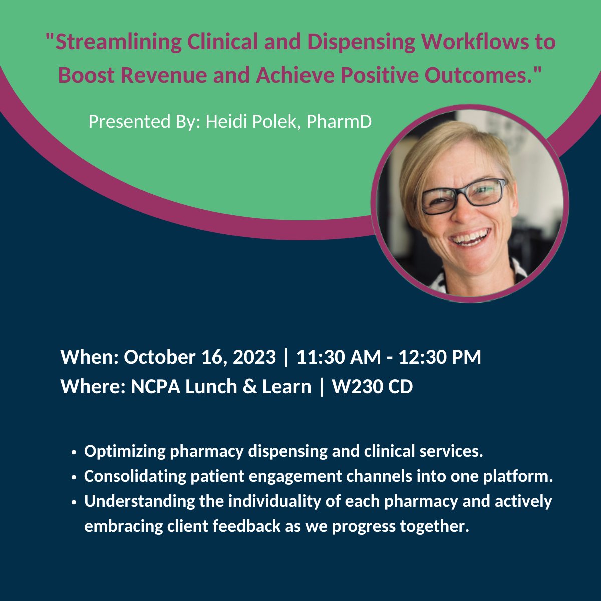OutcomesOne's tweet image. Exciting News! 📣 Join us at #NCPA to catch Outcomes PharmD expert, Heidi Polek' s insightful presentation on optimizing pharmacy workflows and boosting revenue. Don't miss the chance to enhance your pharmacy's performance.

#Outcomes #PharmacyInnovation #Performance