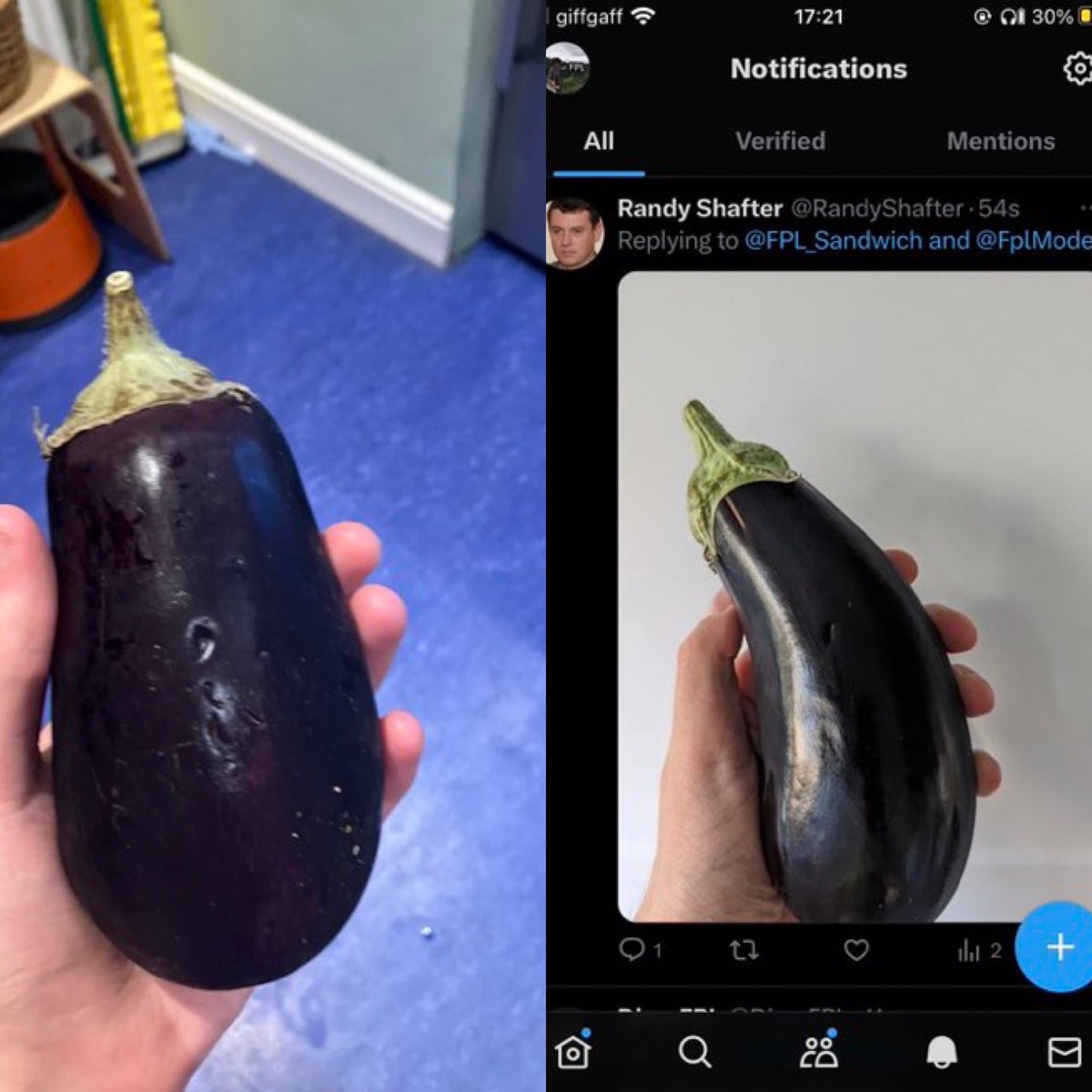 Greyhead19's tweet photo. @FPL_Sandwich 

@FplWitch with an aubergine and boy does he look happy about it!

Honourable mentions for @RandyShafter and @FPL_Stevenson for sharing their veg https://t.co/c7IPOnSwg1