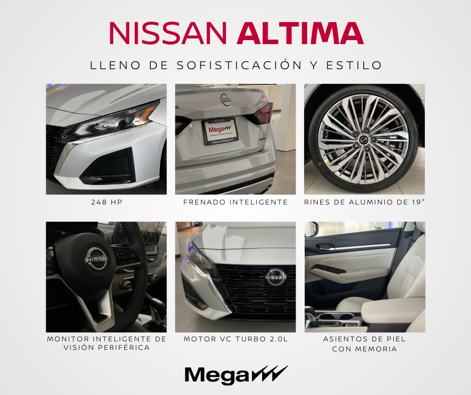 NissanMega's tweet photo. Con un motor VC Turbo 2.0L con 248 hp, exterior rediseñado y tecnologías Nissan Intelligent Mobility que asisten tu trayecto hacen a tu Nissan Altima incomparable 😎🚗😉

#Nissan #NissanMega #NissanMexicana #NissanAltima #Toluca #Calimaya #Norte #Caracteristicas #Atributos https://t.co/JgsUh1EcrT