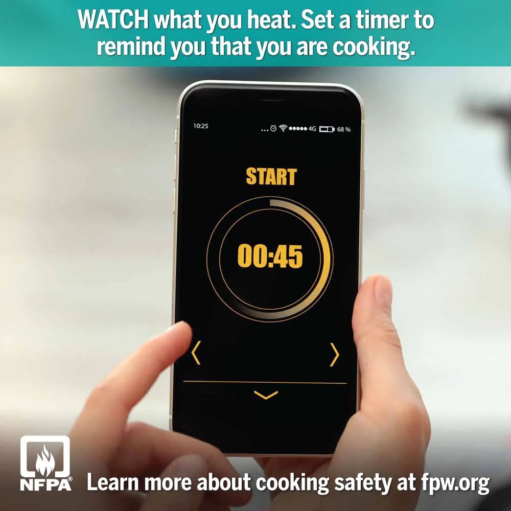 This year's Fire Prevention Week theme is Cooking Safety Starts with YOU!

Remember to watch what you heat. Set a timer to remind you that you are cooking.

#FPW2023
#CookingSafetyStartsWithYOU