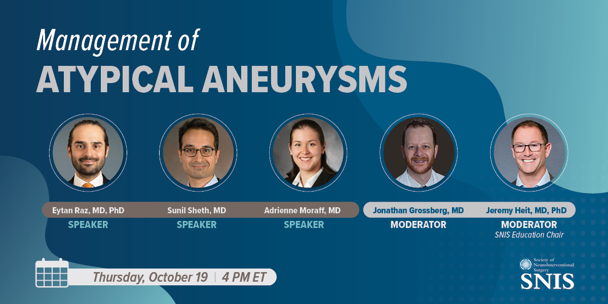 SNIS Info (@snisinfo) on Twitter photo Don't miss our next #SNISInsights webinar "Management of Atypical Aneurysms" on Thurs. 10/19 at 4pm ET. SNIS Edu Chair <a href="/JeremyHeitMDPHD/">Jeremy Heit, MD, PhD</a> & <a href="/JAGrossbergMD/">Jonathan A. Grossberg</a> will sit down with speakers <a href="/eytanraz/">Eytan Raz</a>, <a href="/SunilAShethMD/">Sunil Sheth, MD</a> and Adrienne Moraff, MD to discuss. Register: pulse.ly/kvh4ucn9hb Don't miss our next #SNISInsights webinar "Management of Atypical Aneurysms" on Thurs. 10/19 at 4pm ET. SNIS Edu Chair <a href="/JeremyHeitMDPHD/">Jeremy Heit, MD, PhD</a> & <a href="/JAGrossbergMD/">Jonathan A. Grossberg</a> will sit down with speakers <a href="/eytanraz/">Eytan Raz</a>, <a href="/SunilAShethMD/">Sunil Sheth, MD</a> and Adrienne Moraff, MD to discuss. Register: pulse.ly/kvh4ucn9hb