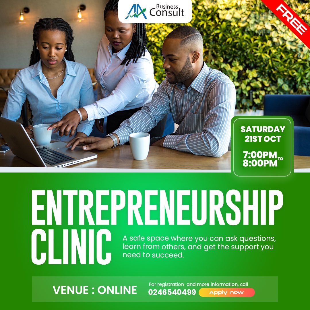 aabizconsult's tweet photo. Ready to fuel your entrepreneurial spirit? Join us on the 21st of October for an enriching Entrepreneurship Clinic! Don't miss out - tap the link to apply now! 
https://t.co/ZWbRyhLcfk
Connect with us on 0268517897
#FinancialMastery #AAConsulting https://t.co/DCcx3uQBqM