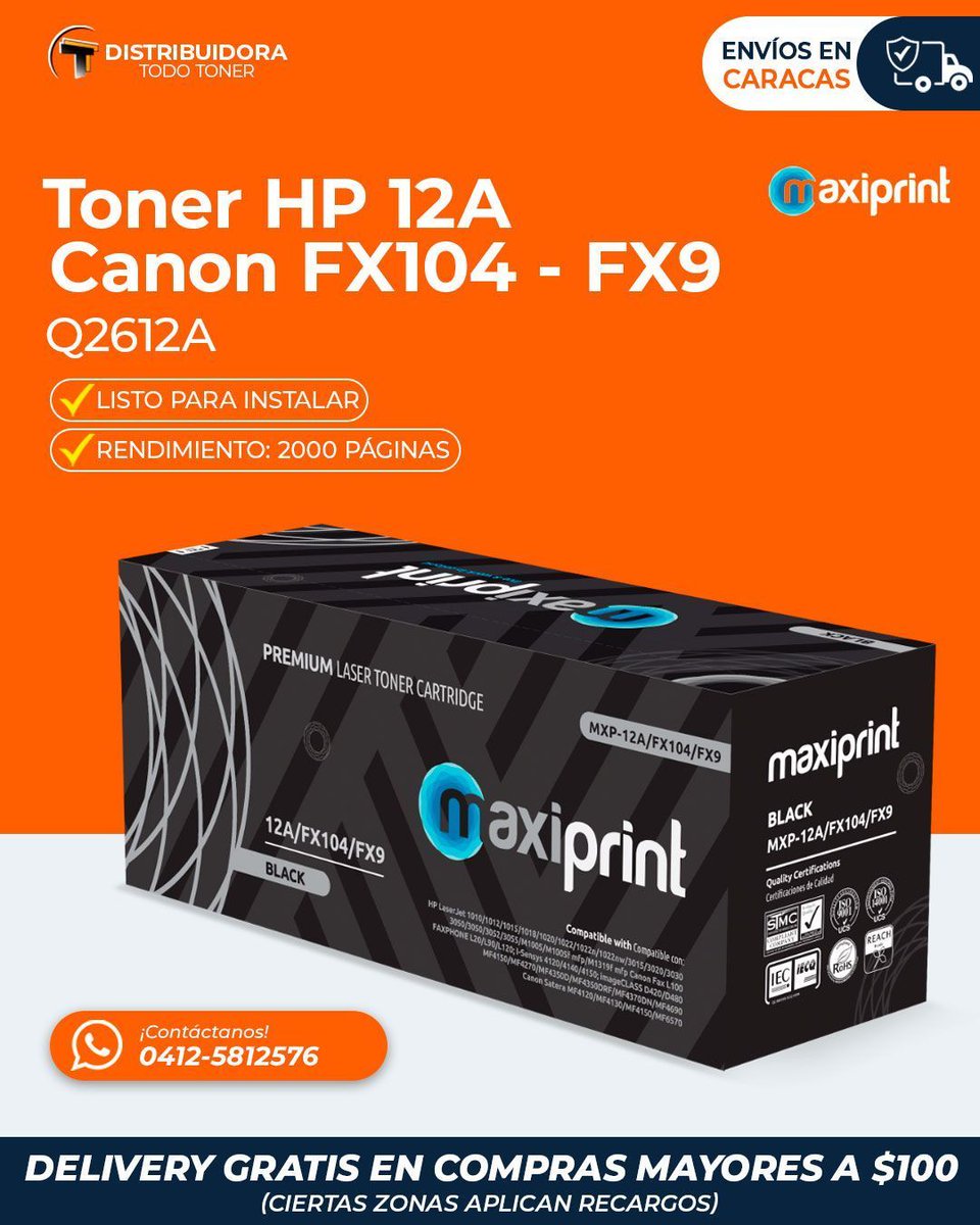 distodotoner's tweet photo. Toner HP 12A / Canon FX104 - FX9

¡Llévatelo con DELIVERY GRATIS en Caracas! 🚚

Contáctanos a través de:
📲WhatsApp: 0412-5812576
✉️ distodotoner@gmail.com

Solicita nuestra lista de precios 👇  escribe "Yo" en los comentarios para enviártela. https://t.co/AT880zoqJ9
