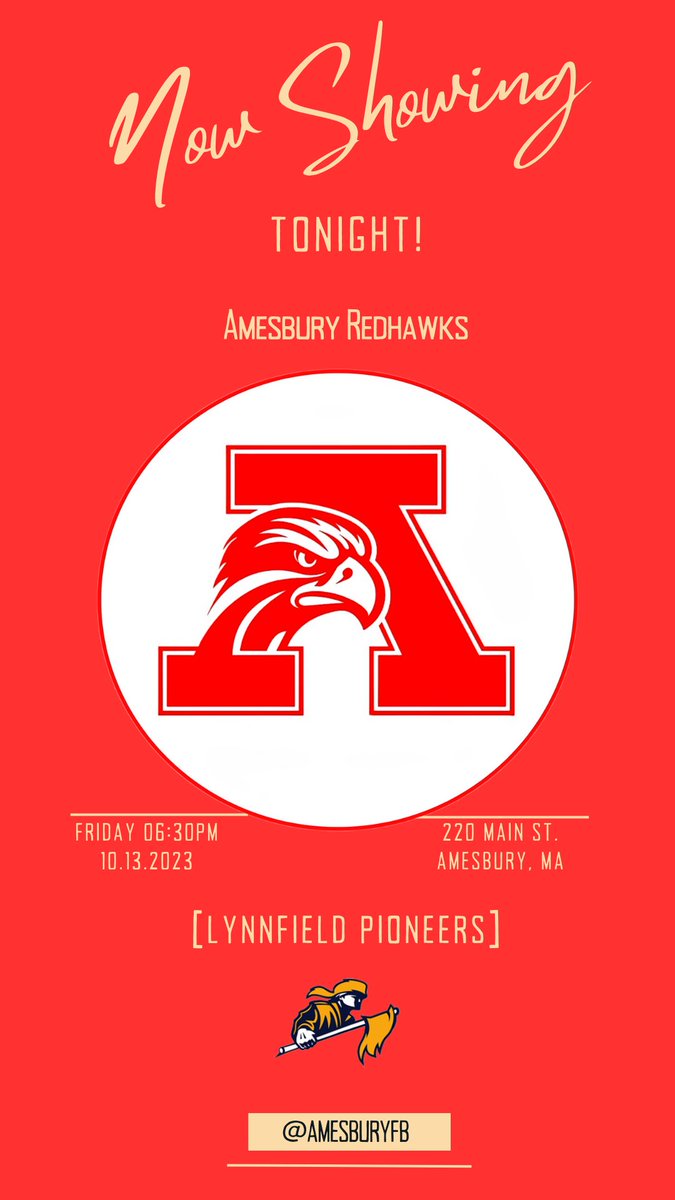 AmesburyFB's tweet photo. 🟥⬜Amesbury Redhawks ⬜🟥
Vs.
🟦🟧Lynnfield Pioneers🟧🟦
⏰ 6:30PM
📍 Landry Stadium
📺 https://t.co/773jwsHNjz
#EAA #gobury #fortyeightplus https://t.co/Nf1i4rzsyw