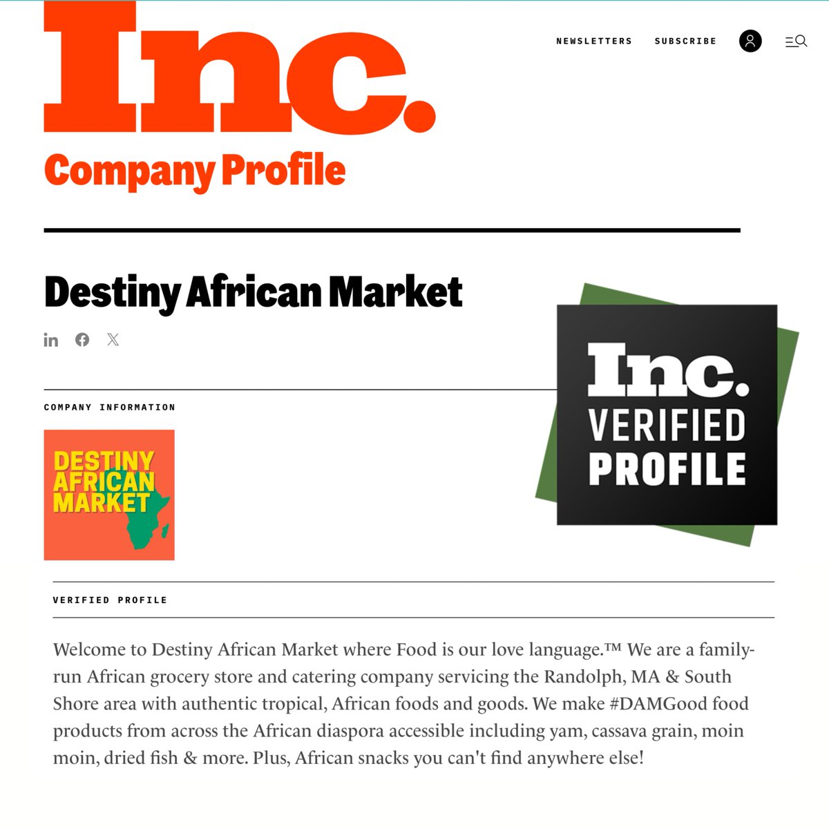 Thank you <a href="/Inc/">Inc.</a> for verifying our business with a FREE profile and 6-month subscription!

View our profile here: inc.com/profile/Destin…