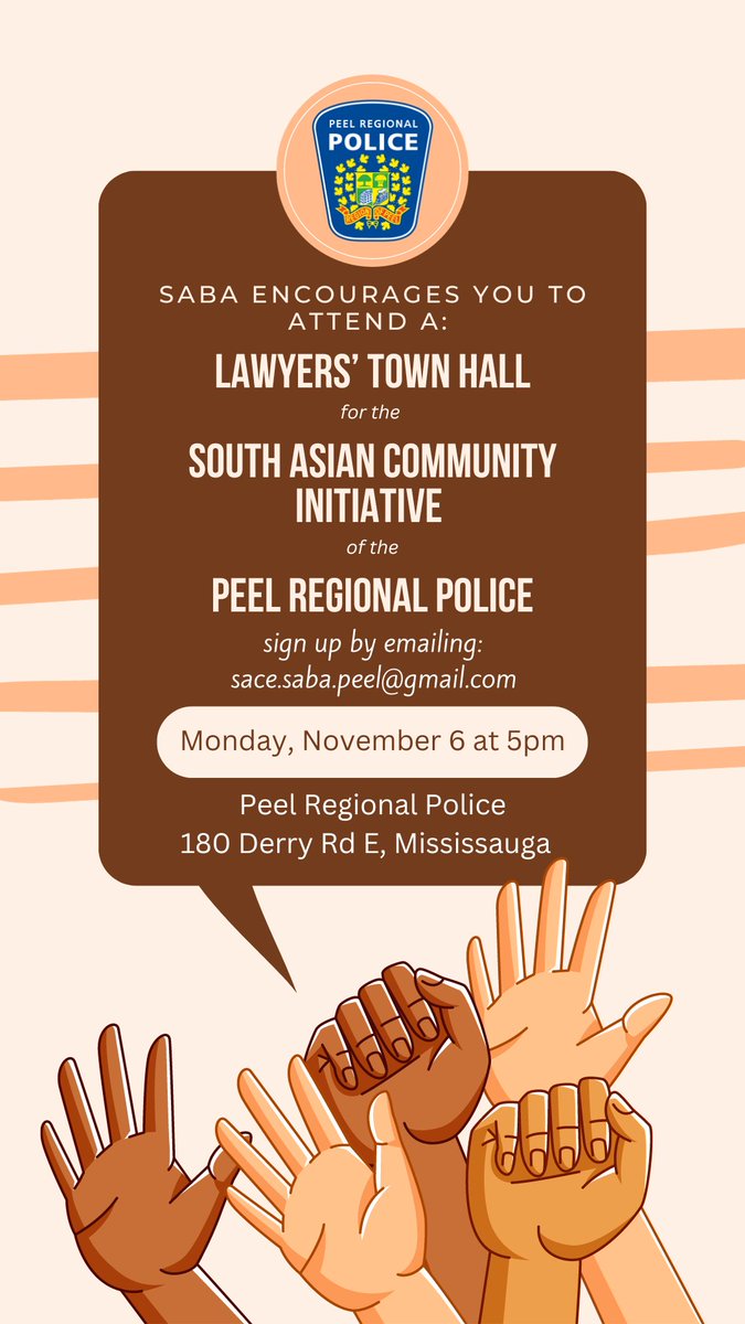 Join us at Peel Regional Police's South Asian Community Engagement Initiative. 📍 180 Derry Road East, Mississauga 🗓 November 6, 2023 🕓 5:00 pm Share insights, discuss challenges & help PRP serve the South Asian community better. Sign up: sace.saba.peel@gmail.com